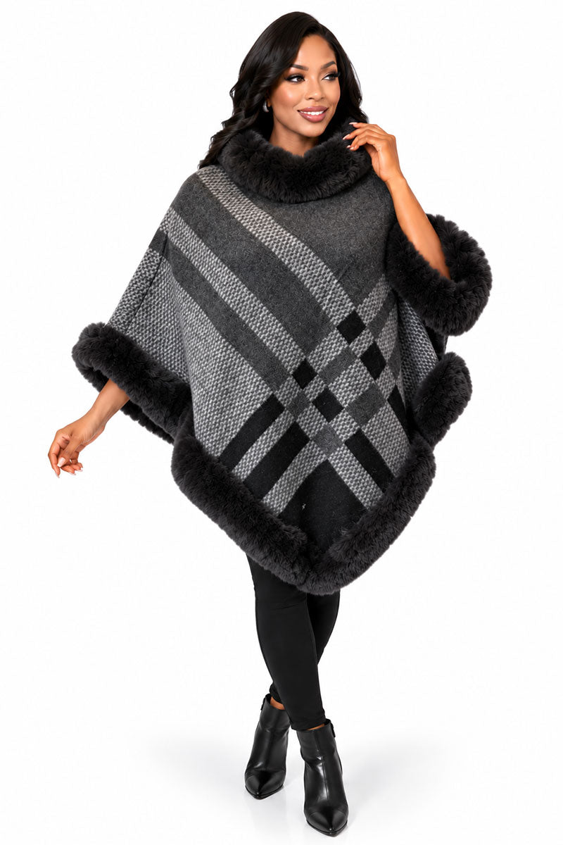 Women’ Plaid Hooded Poncho #9-Grey Multi