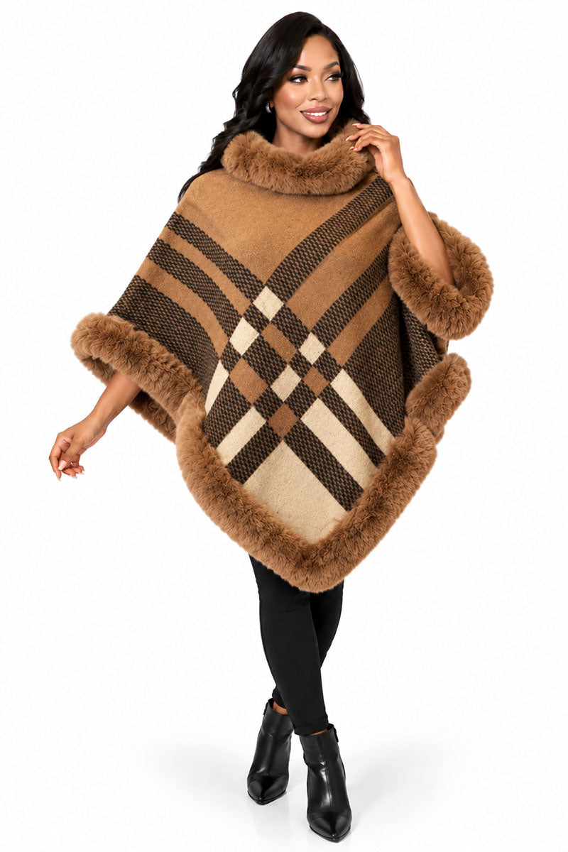 Women’ Plaid Hooded Poncho #9-Brown Multi