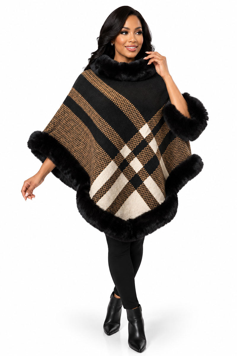 Women’ Plaid Hooded Poncho #9-Black Multi