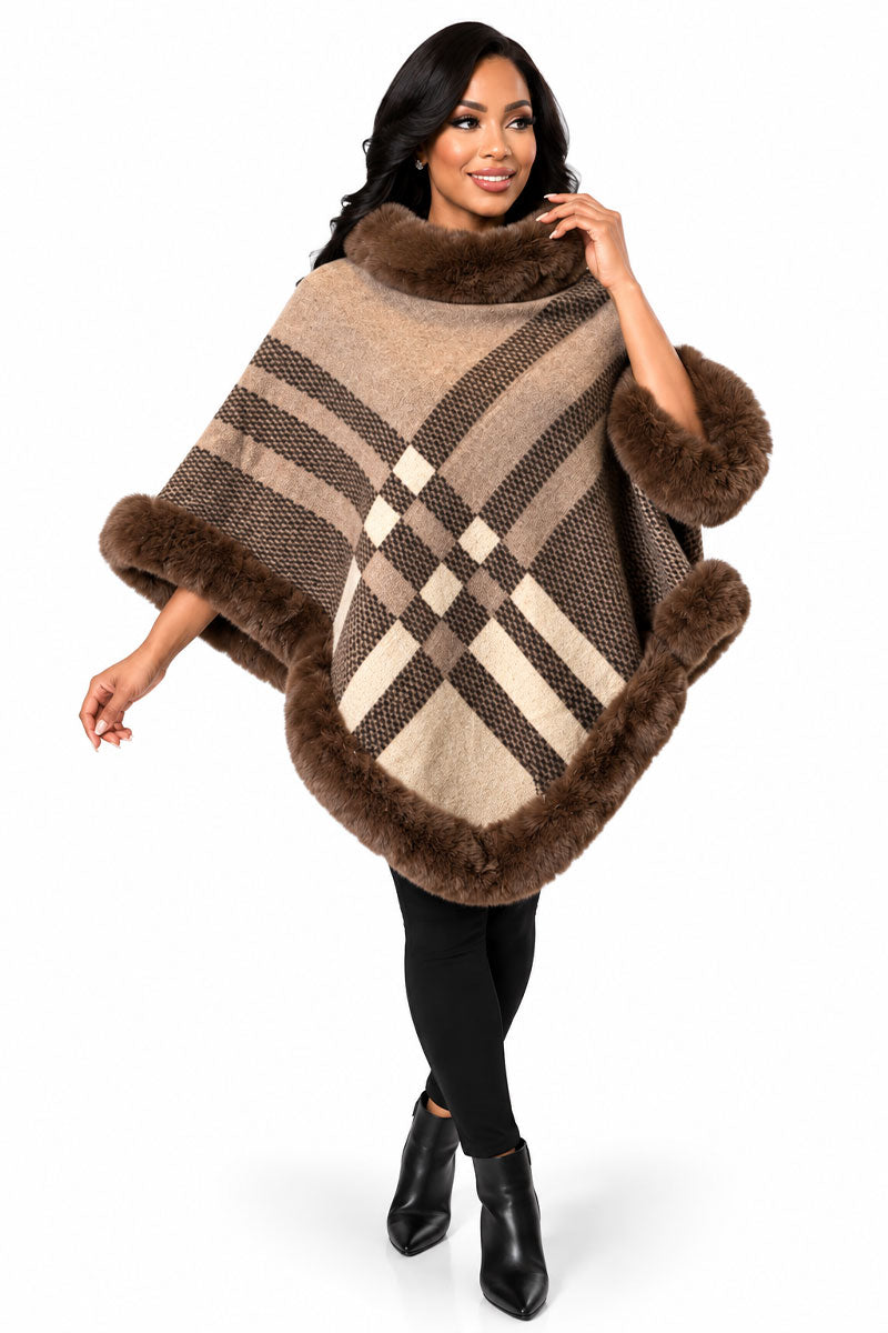 Women’ Plaid Hooded Poncho #9-Light Brown Multi