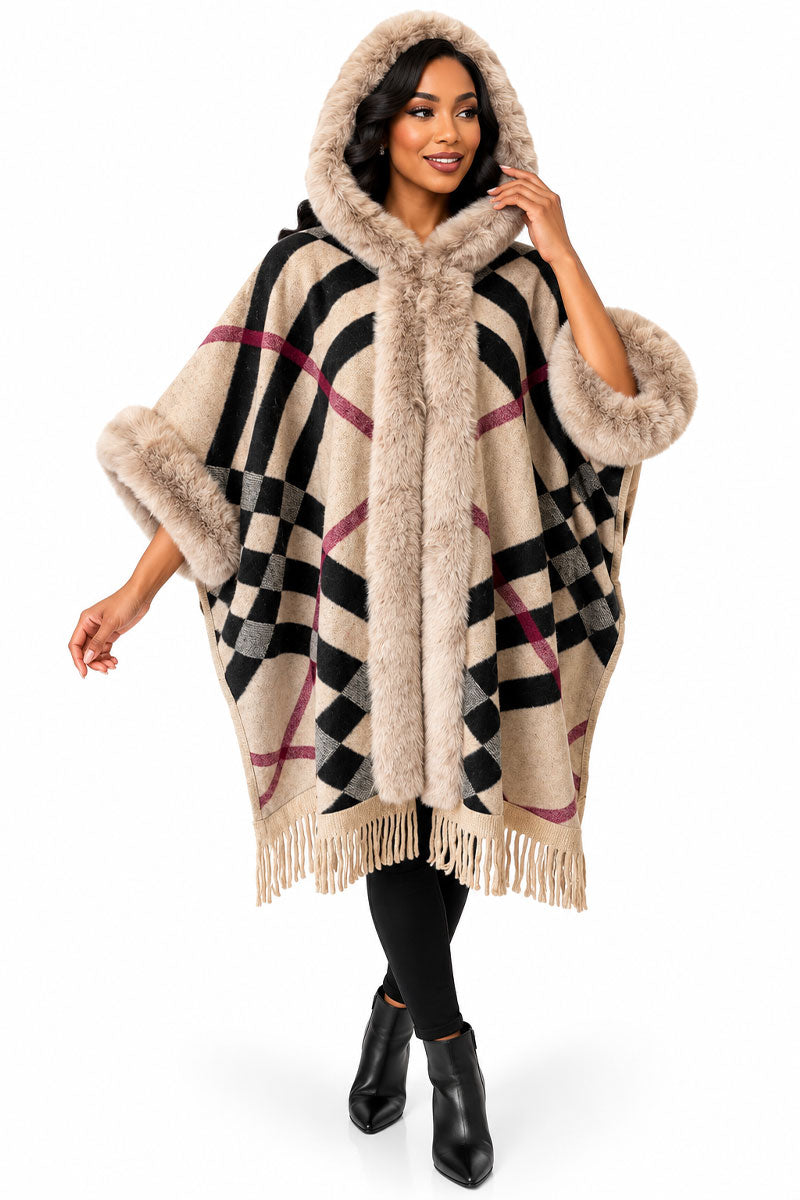 Women’ Plaid Hooded Poncho #14-Multi