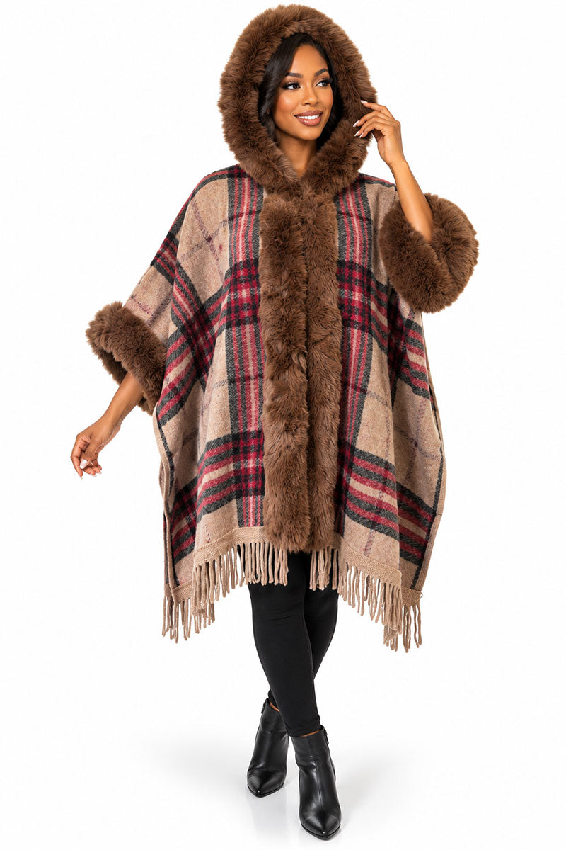 Women’ Plaid Hooded Poncho #6-Beige Multi