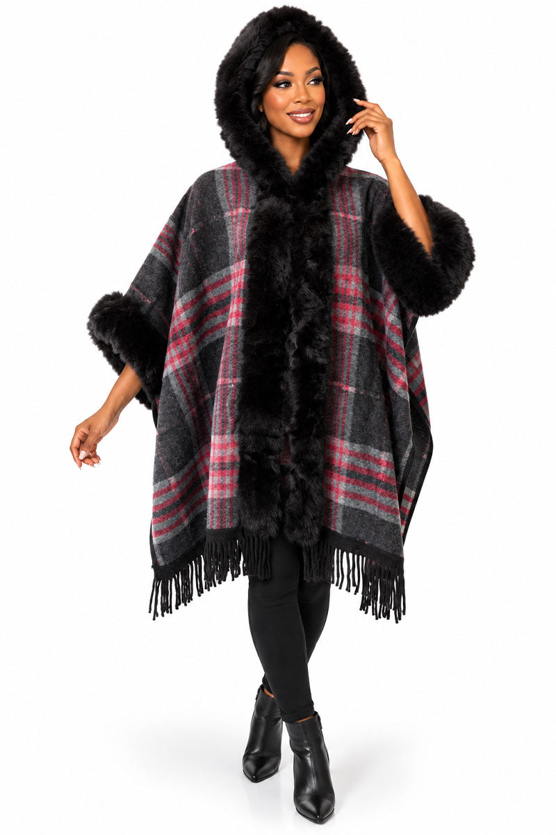 Women’ Plaid Hooded Poncho #6-Red Multi