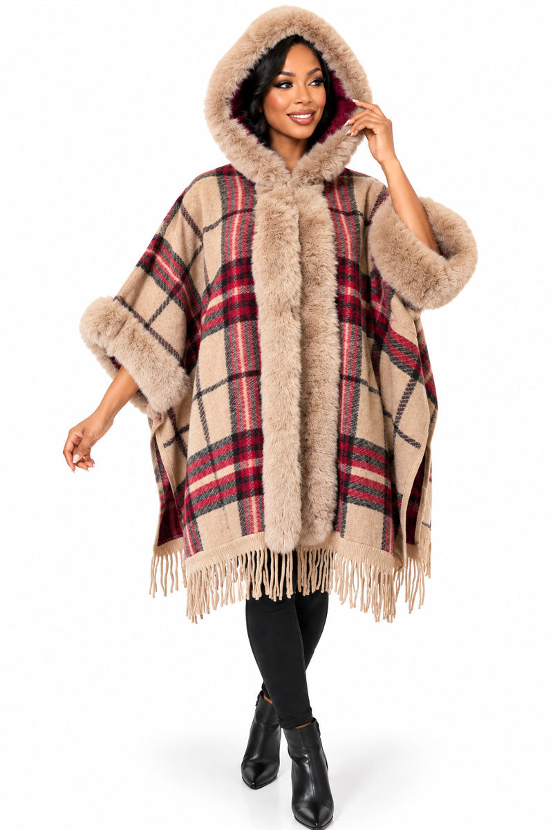 Women’ Plaid Hooded Poncho #6-Multi