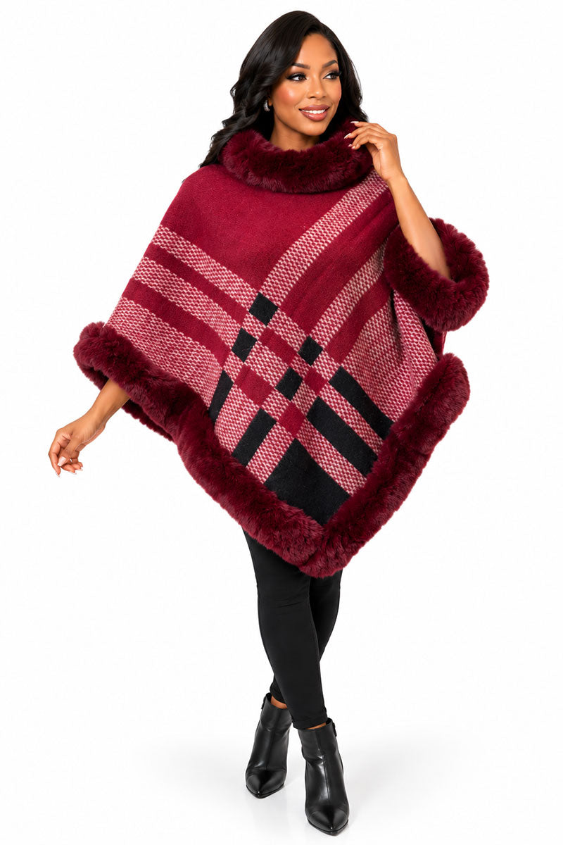 Women’ Plaid Hooded Poncho #9-Red Multi