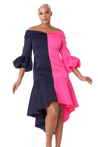 For Her Print Women Dress 82013-Navy/Fuchsia - Church Suits For Less