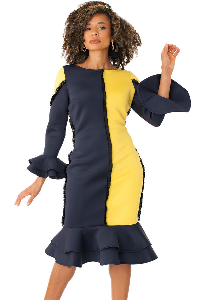 For Her Print Women Dress 82146C-Yellow/Navy - Church Suits For Less