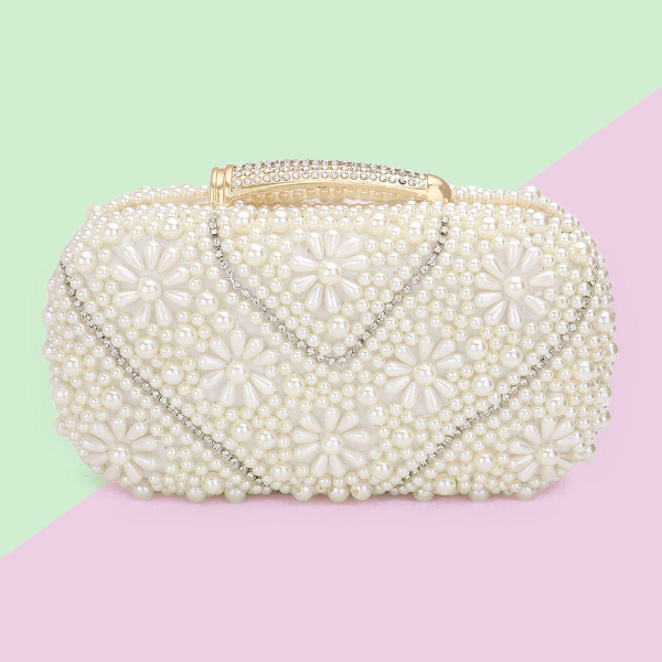 Women Elegant Pearl Clutch Bag- 12206 Cream - Church Suits For Less
