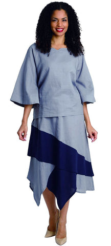 Diana Linen Skirt Set 8214-Gray/Navy