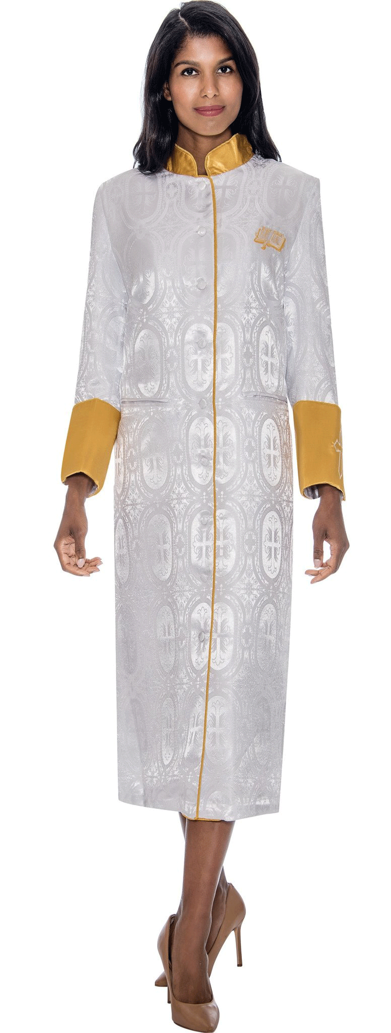 Women Cassock Robe RR9501-White/Gold - Church Suits For Less