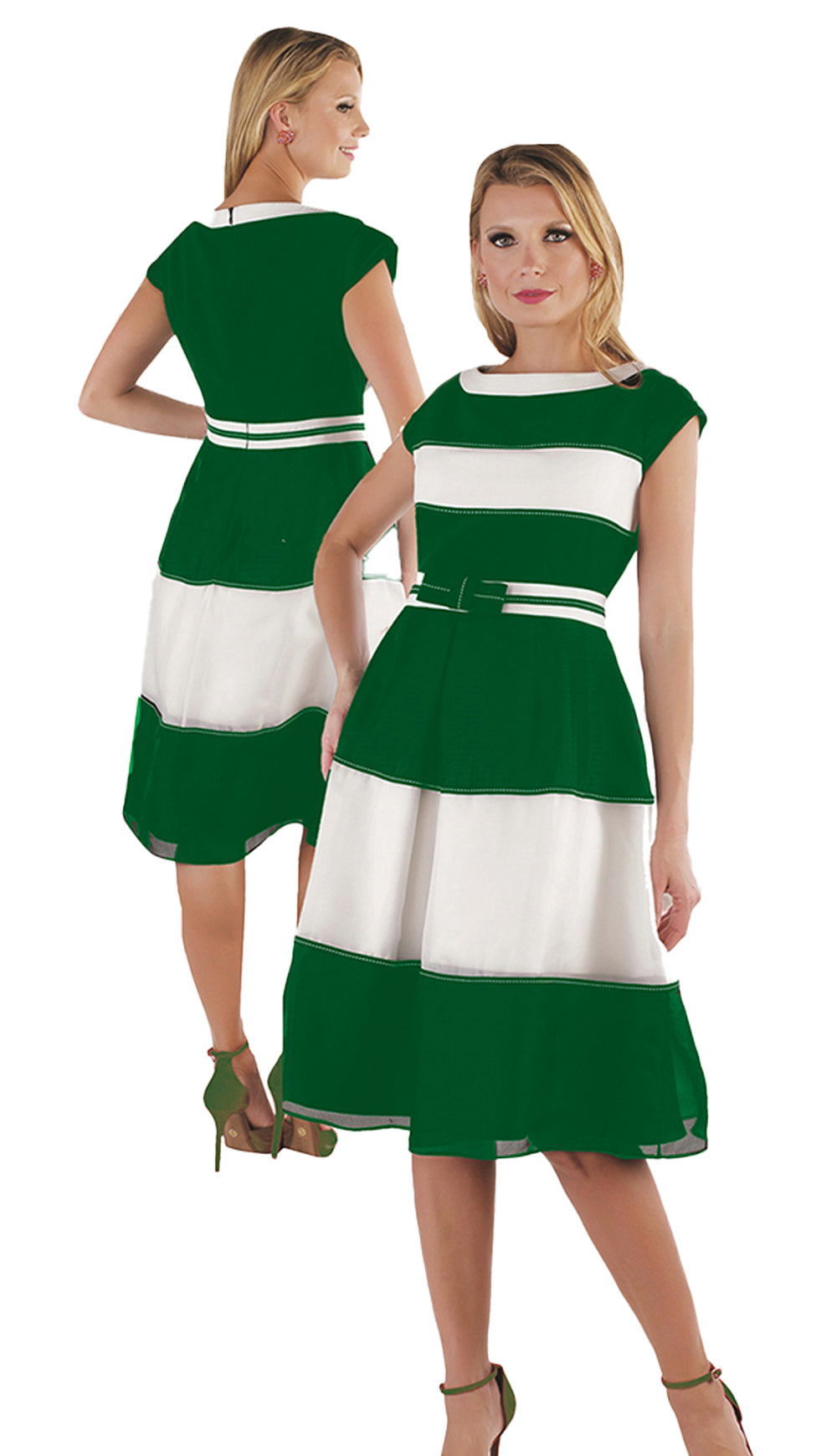 Chancele Church Dress 9551-Green/White - Church Suits For Less