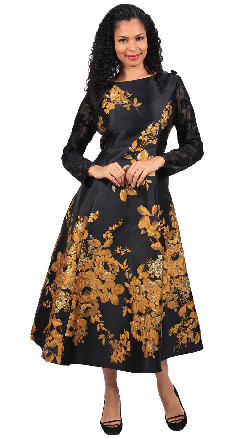 Diana Couture Church Dress 8663C-Black/Gold, Black/Gold / 12