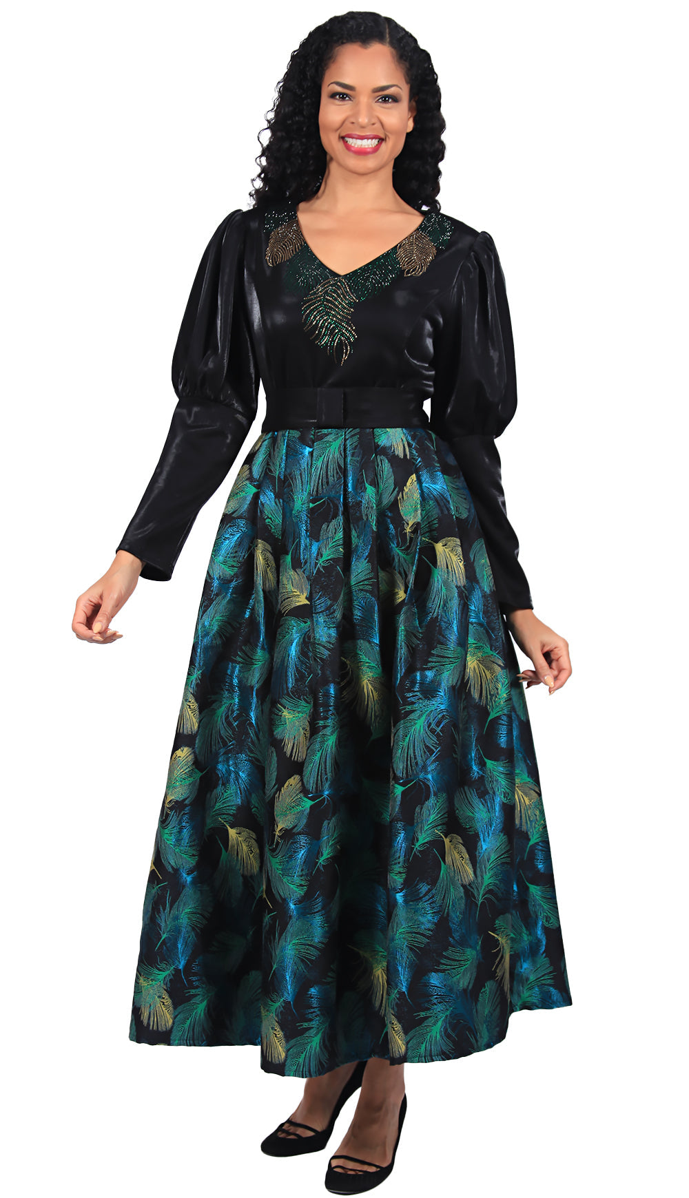 Diana Couture Church Dress 8665C-Black/Green - Church Suits For Less