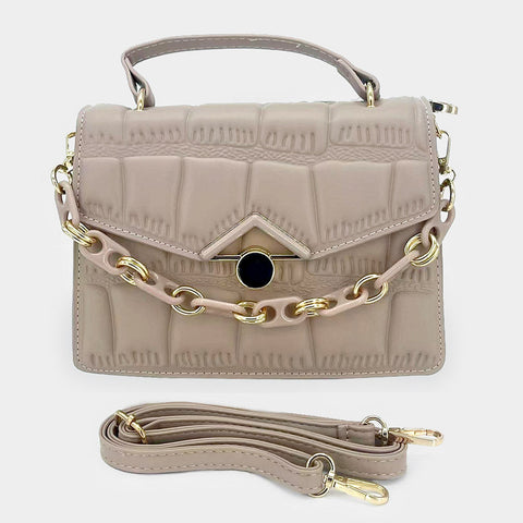 Quilted Top Handle Chain Crossbody Bag - khaki
