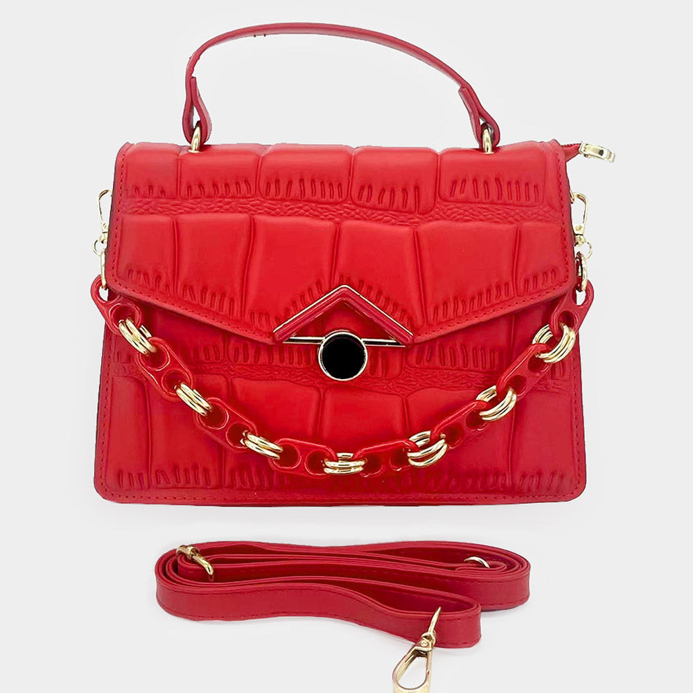 Quilted Top Handle Chain Crossbody Bag - red - Church Suits For Less