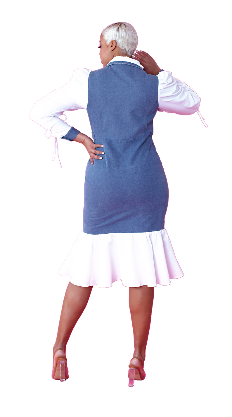 For Her Women Dress 82085C-White/Denim - Church Suits For Less