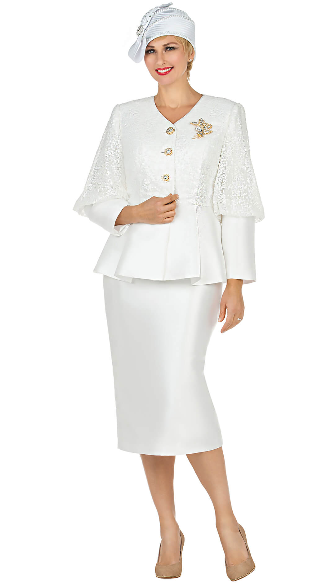 Giovanna Women's 2-piece Light Scuba Uneven Peplum Jacket & Skirt Suit with Rhinestone Décor, White, 24