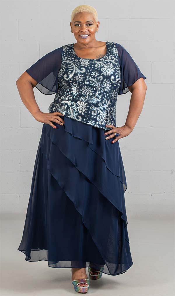 Le Bos Long Dress 27978W-Navy/Silver - Church Suits For Less