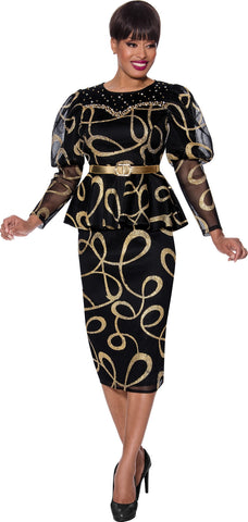 Stellar Looks Skirt Suit 1862C-Black/Gold - Church Suits For Less