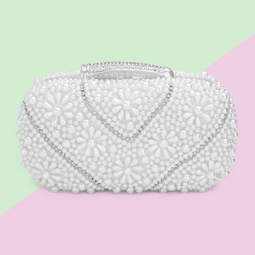 Women Elegant Pearl Clutch Bag- 12206 White - Church Suits For Less