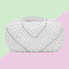 Women Elegant Pearl Clutch Bag- 12206 White - Church Suits For Less
